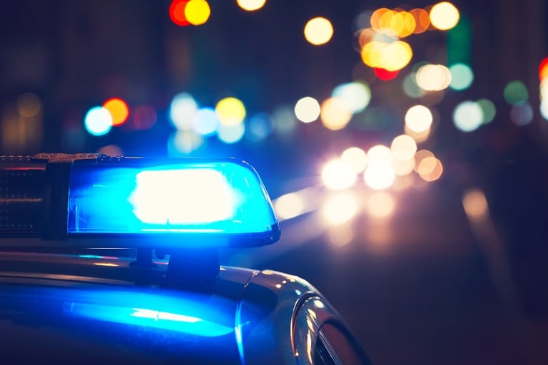 Stock photo depicting police car lights against a night background.