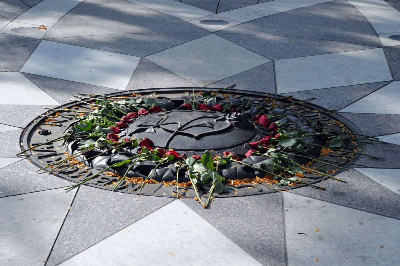 Flowers laid on a seal at the National Law Enforcement Officers Memorial during National Police Week in Washington, D.C. on October 14, 2021.