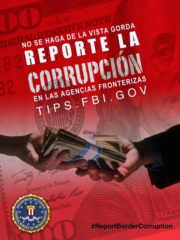 Report Border Corruption poster showing cash exchange, in Spanish.