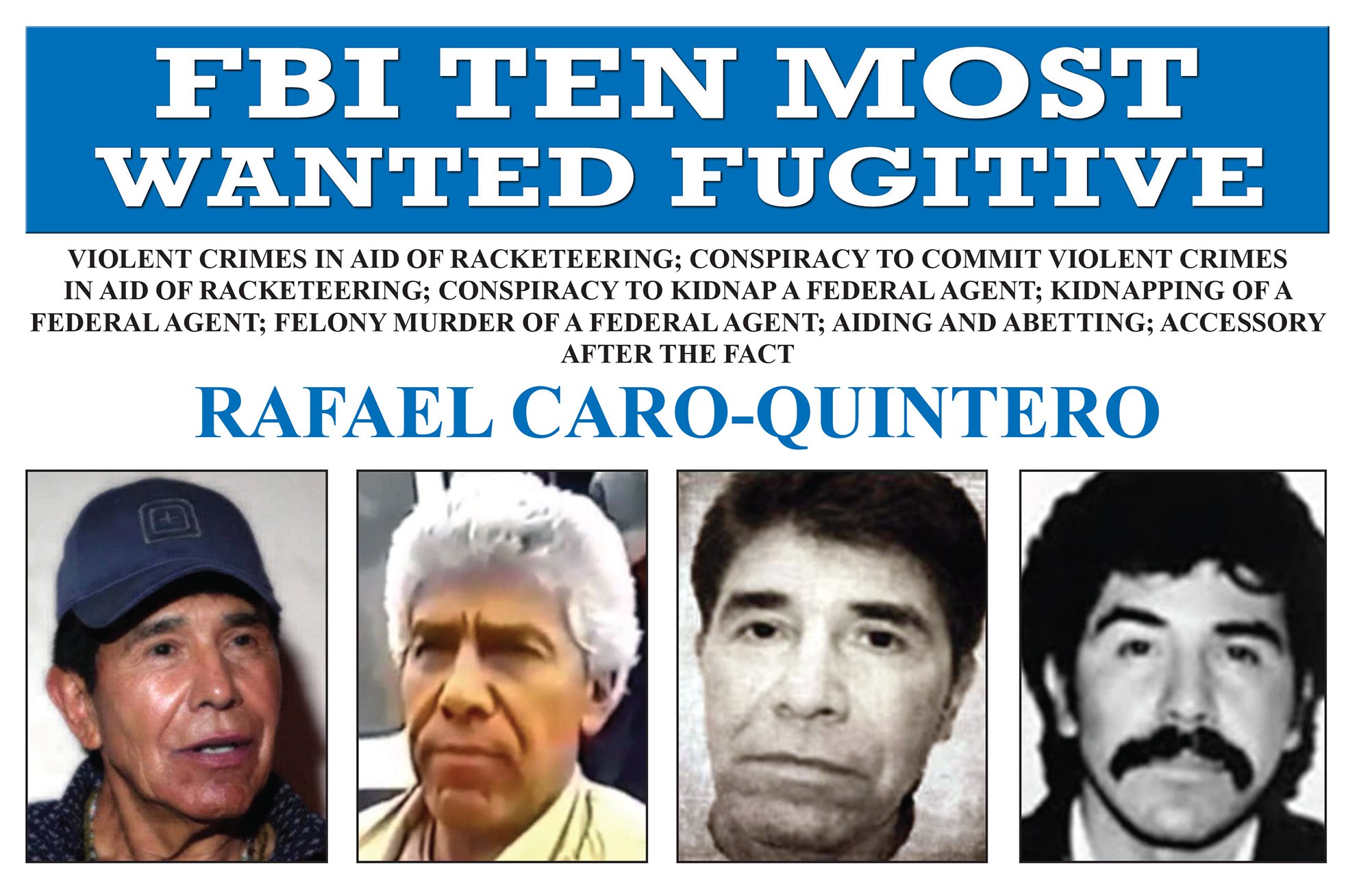 Screenshot of top portion of Rafael Caro-Quintero’s Ten Most Wanted Fugitive poster