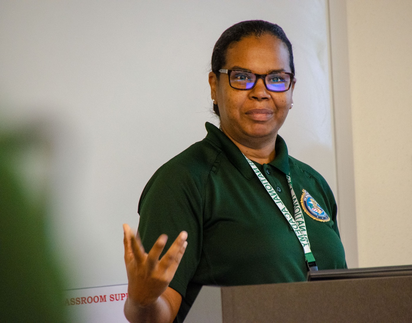 Sherlet Ramclam, an inspector for the Belize Police Department, gives a presentation on May 27, 2019, during Session 276 of the National Academy. 