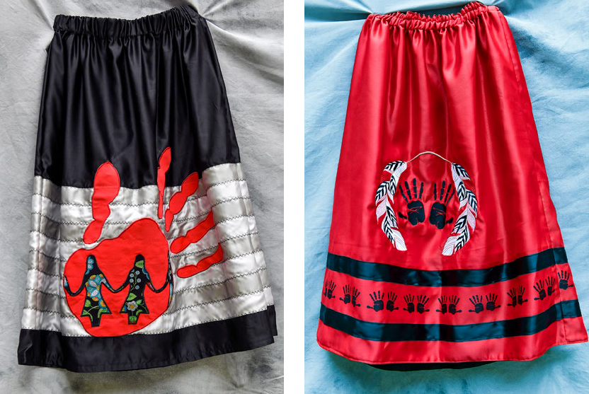 Native American and First Nation artists crafted the ribbon skirts for a Bureau employee in honor of their advocacy for missing or murdered Indigenous people (MMIPs). The skirts are embroidered with colors and symbols to show solidarity with MMIPs.
