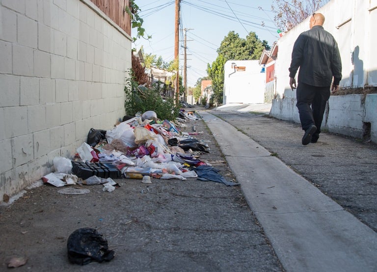 FBI Los Angeles Assistant Special Agent in Charge Robert Clark walks through a trash-strewn alleyway in a gang-plagued neighborhood. The FBI partners with multiple agencies on a variety of initiatives designed to dismantle gangs as well as help communities.