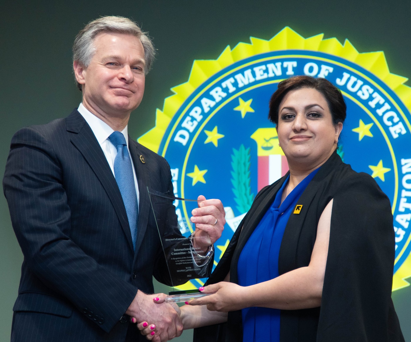 FBI Sacramento 2022 Director’s Community Leadership Award recipient International Rescue Committee – Sacramento, represented by Raihan Ahrary.