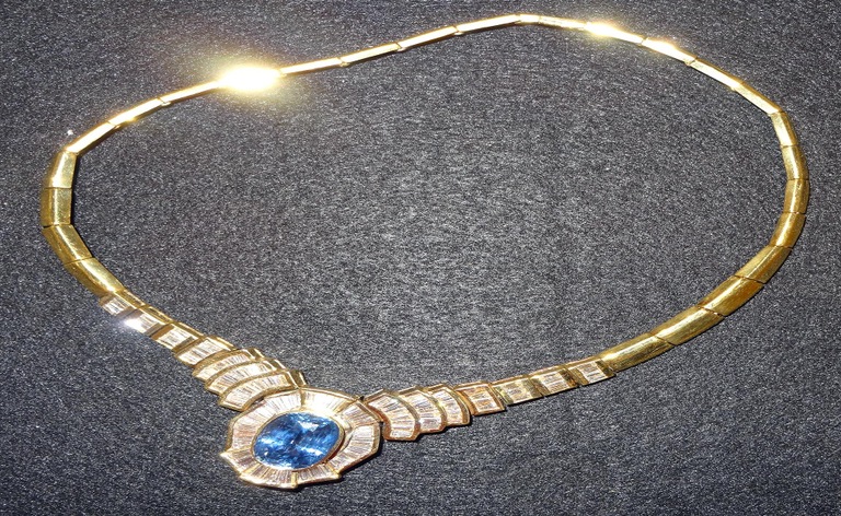 The diamond necklace with a 27-carat ceylon blue sapphire worth $91,000 was one of the items falsely reported stolen in 2004 by Joseph Harold Gandy, who went to prison for his crime following an investigation by the FBI and its partners.