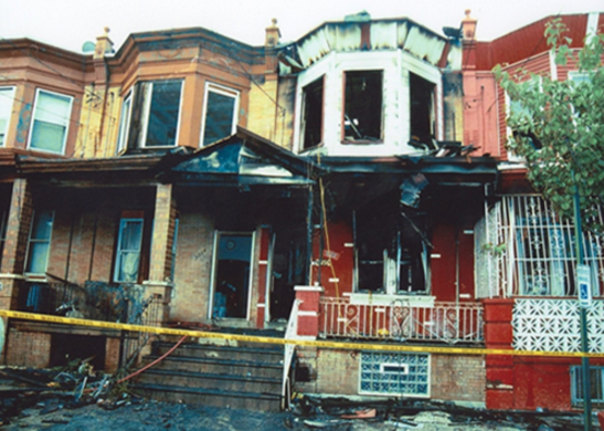 This Philadelphia row house was firebombed by individuals who worked for Philadelphia drug trafficker Kaboni Savage. Four children and two adults, family members of a federal witness, died in the fire. The adjacent row homes were also damaged.