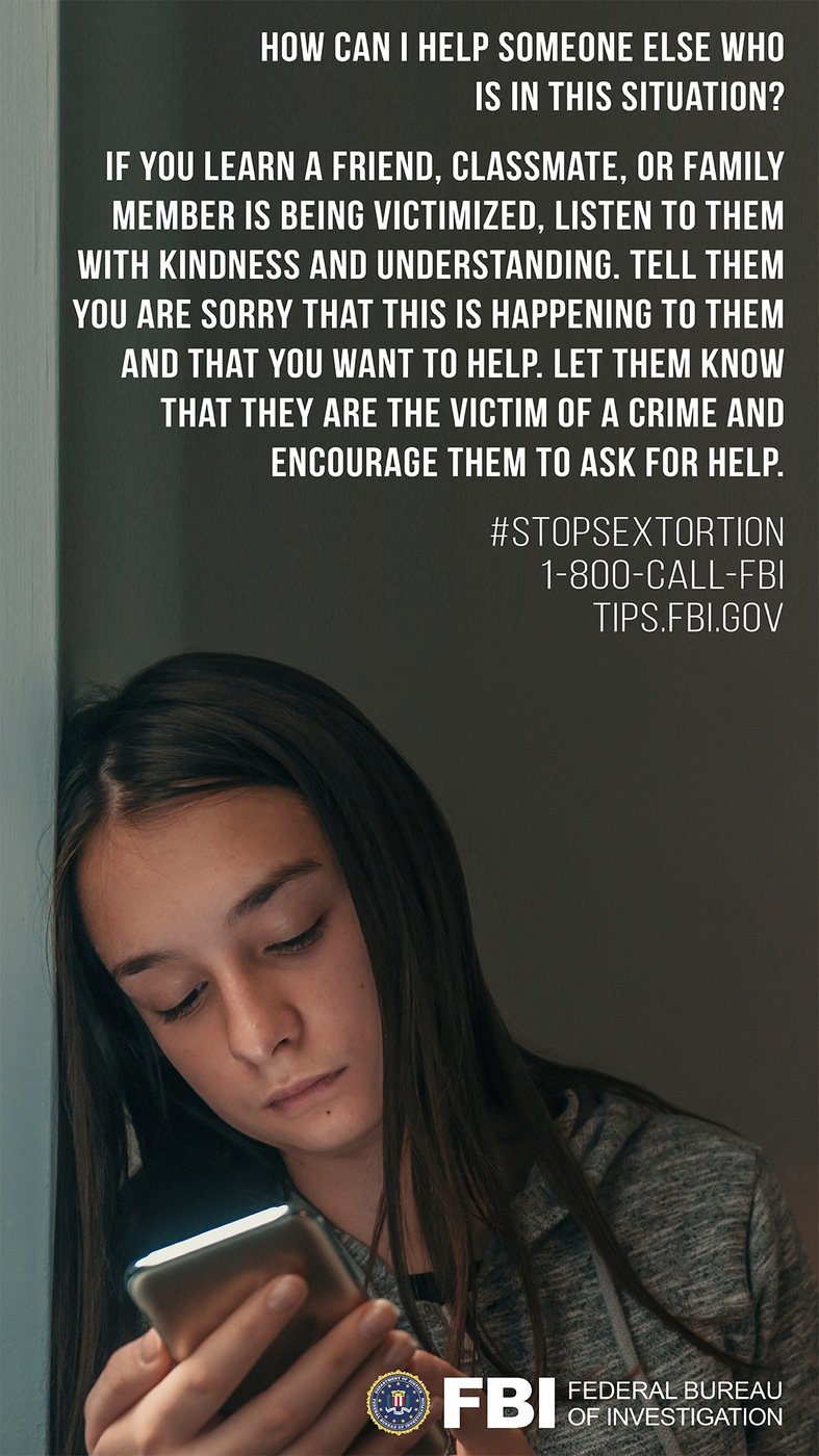 Stock image of girl on smartphone with following text: How can I help someone else who is in this situation? If you learn a friend, classmate, or family member is being victimized, listen to them with kindness and understanding. Tell them you are sorry that this is happening to them and that you want to help. Let them know they are the victim of a crime and encourage them to ask for help.