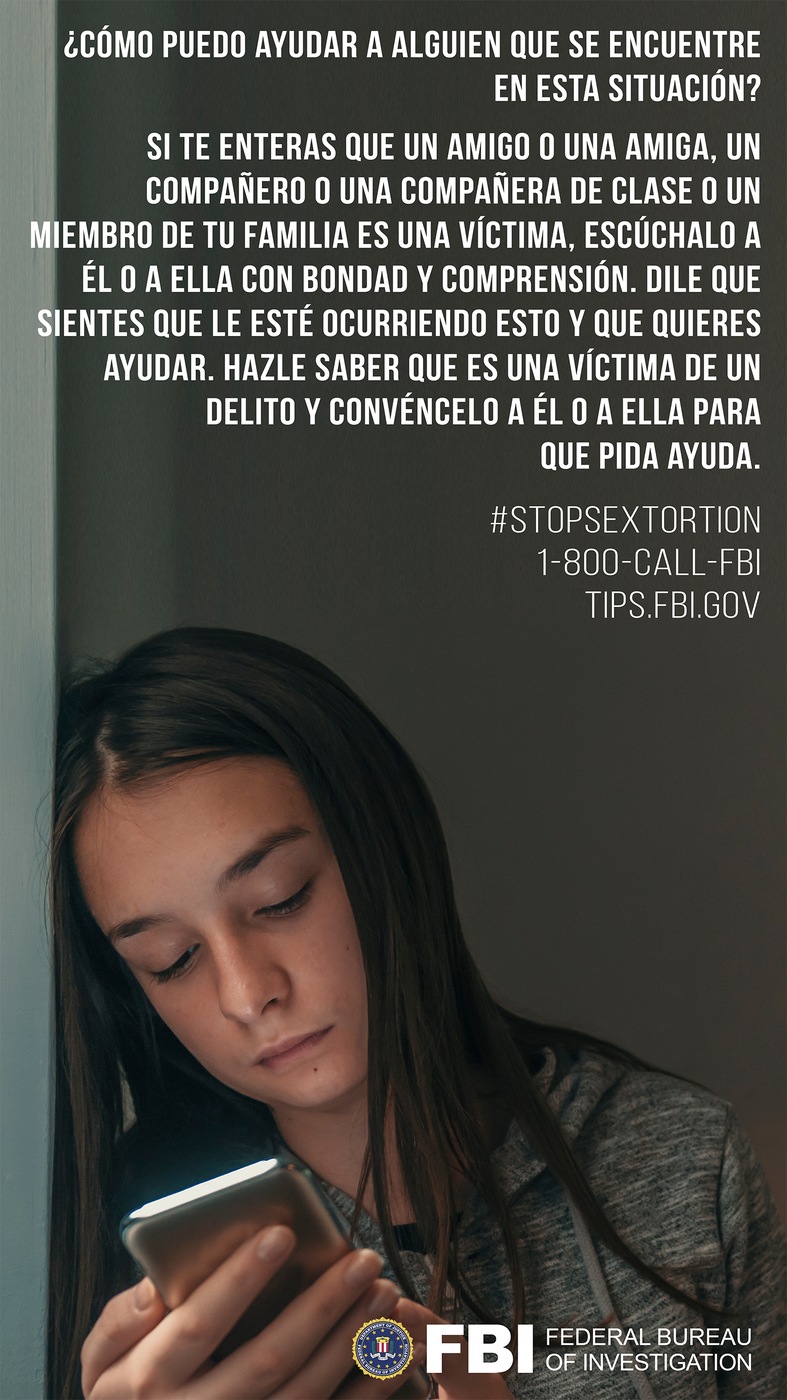 Stock image of girl on smartphone with the Spanish translation of the following text: How can I help someone else who is in this situation? If you learn a friend, classmate, or family member is being victimized, listen to them with kindness and understanding. Tell them you are sorry that this is happening to them and that you want to help. Let them know they are the victim of a crime and encourage them to ask for help.
