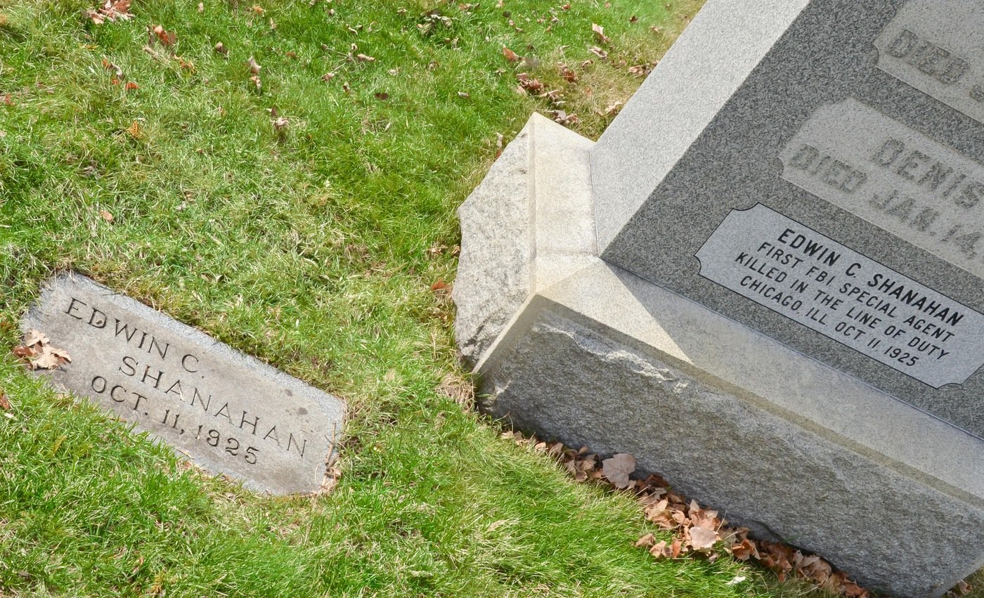 Gravestone of Special Agent Edwin C. Shanahan, first Bureau agent killed in the line of duty. He was slain on October 11, 1925 in Chicago, Illinois.