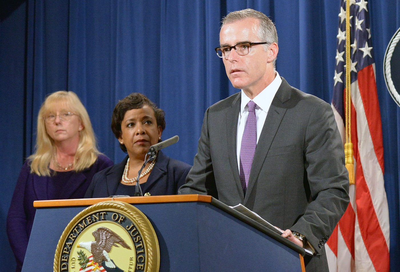 FBI Deputy Director Andrew McCabe speaks at a July 20, 2016 press conference announcing U.S. efforts to recover more than $1 billion in assets tied to international public corruption and a global money laundering conspiracy.