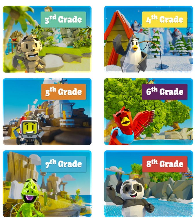 Screenshot of the FBI Safe Online Surfing homepage, depicting the various islands and characters for each grade level served by the program.