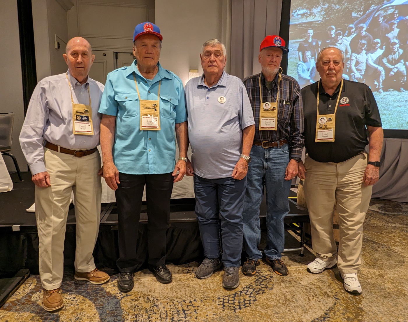 SWAT operators Tase Bailey, Roger DePue, Jim Huggins, Jim Horn, and Ken Parkerson during a Society of Former Agents of the FBI gathering in 2023 in Lexington, Kentucky. The first SWAT teams called themselves Spider One.