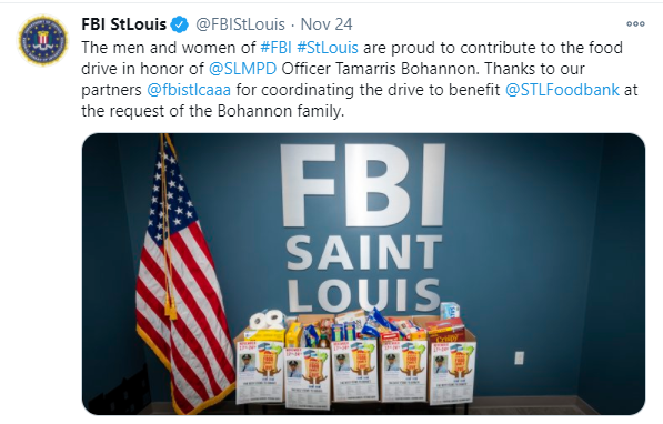 FBI St. Louis thanks partners in the Citizens Academy Alumni Association for organizing the Bohannon's Family food drive.