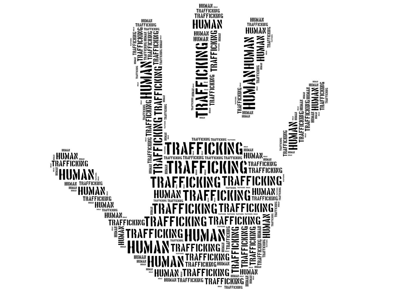 Stock image of the shape of a hand in a stopping motion filled with text that says “trafficking.” 