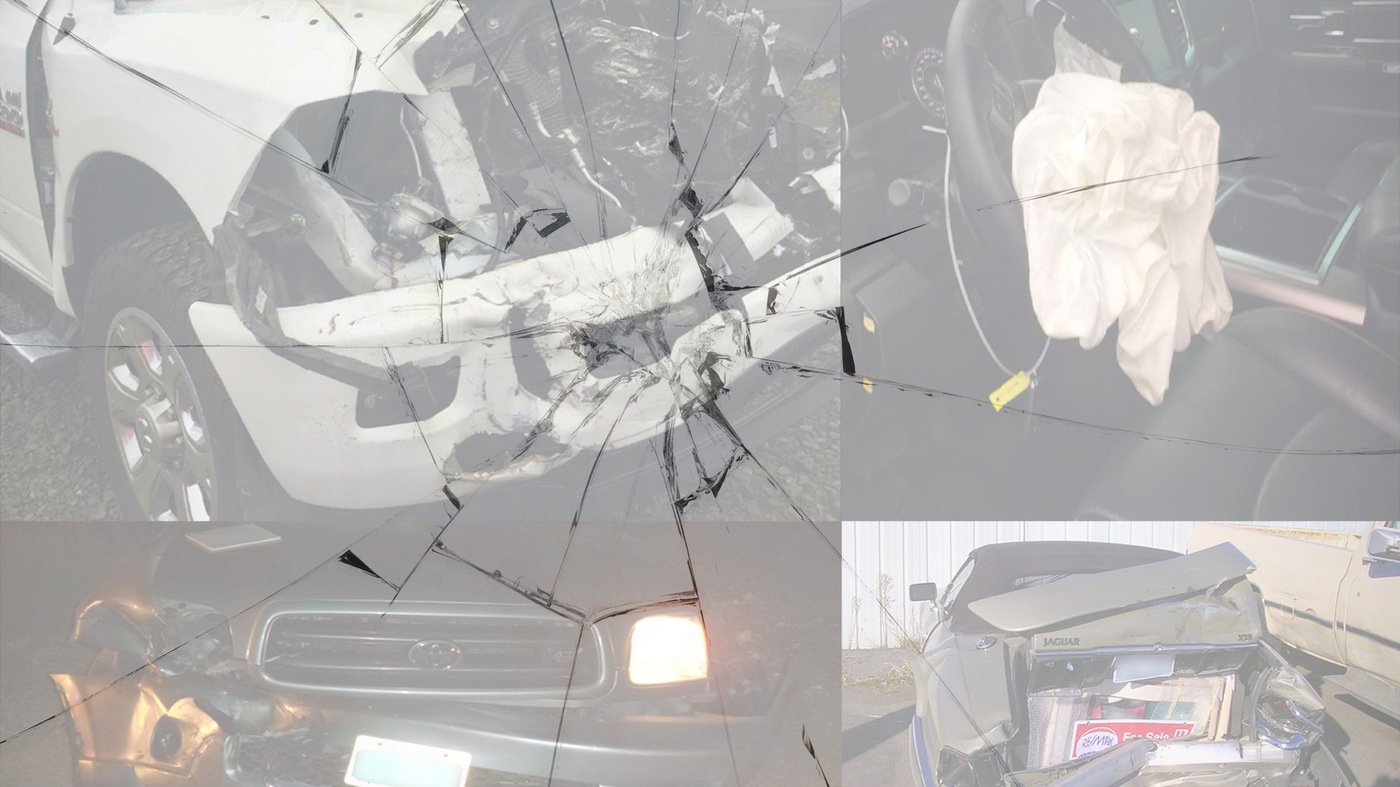 Collage of photos of wrecked vehicles from accidents staged by Sandra Talento and her associates during a years-long scheme to collect insurance money.
