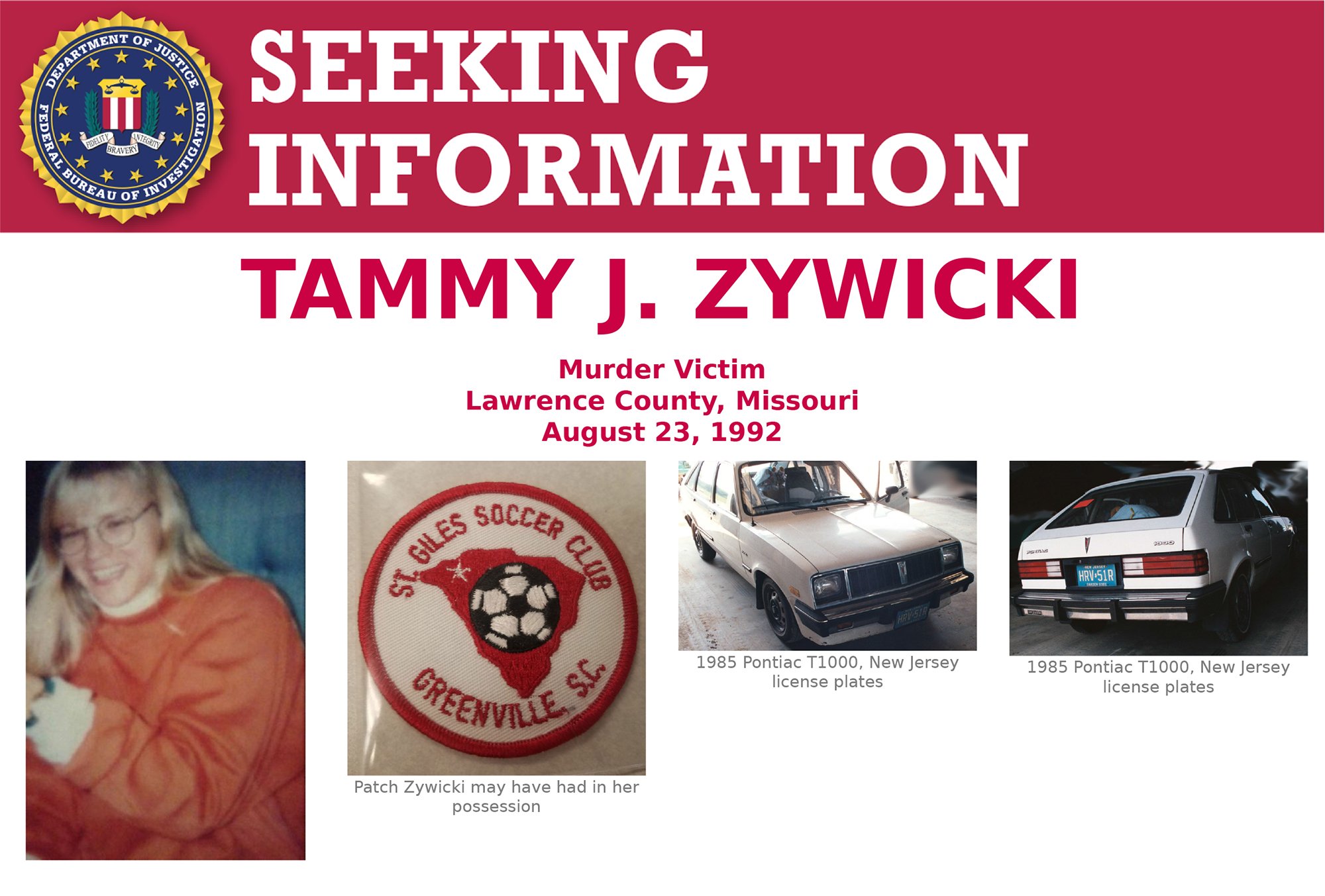 Screenshot showing top part of Tammy Zywicki’s Seeking Information poster. Zywicki was murdered August 23, 1992, and the case remains unsolved 25 years later.