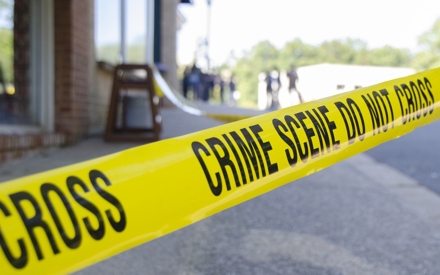 Crime scene tape during a September 25, 2019, mass-casualty exercise at the FBI Training Academy in Quantico, Virginia. The exercise culminated ELEVATE-APB training for victim service providers. 