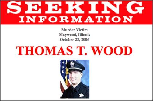 A brief snippet of the "Seeking Information" poster for slain Illinois police officer Thomas T. Wood.