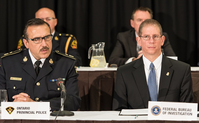 Scott Tod, deputy commissioner of the Ontario Provincial Police (left) and Joseph Campbell, assistant director of the FBI’s Criminal Investigative Division, stressed the importance of collaboration in fighting human trafficking and the sexual exploitation of children.