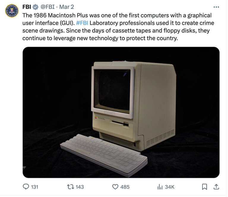 The 1986 Macintosh Plus was one of the first computers with a graphical user interface (GUI). #FBI Laboratory professionals used it to create crime scene drawings. Since the days of cassette tapes and floppy disks, they continue to leverage new technology to protect the country.