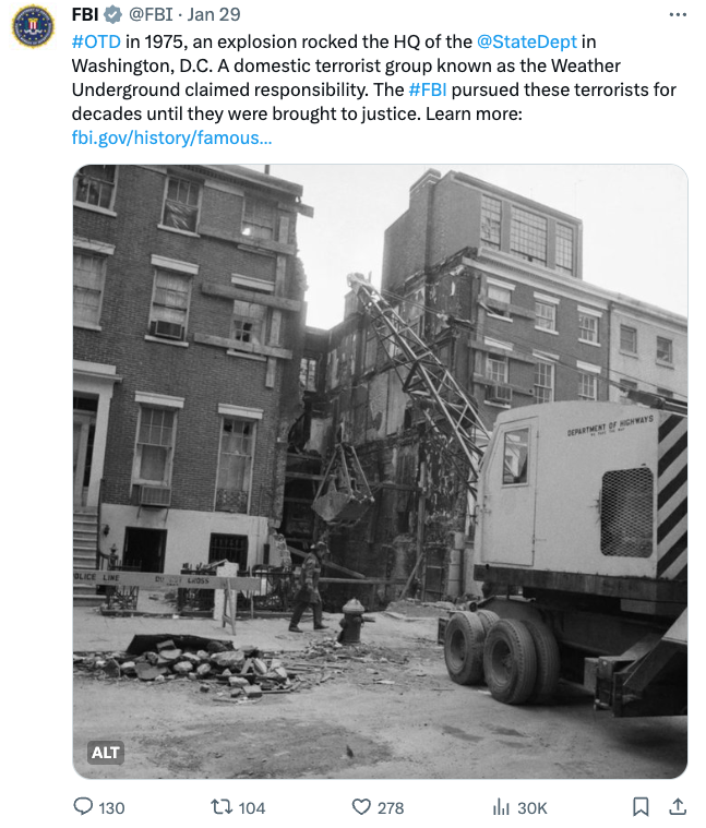 Weather Underground bombing post on X, formerly known as Twitter