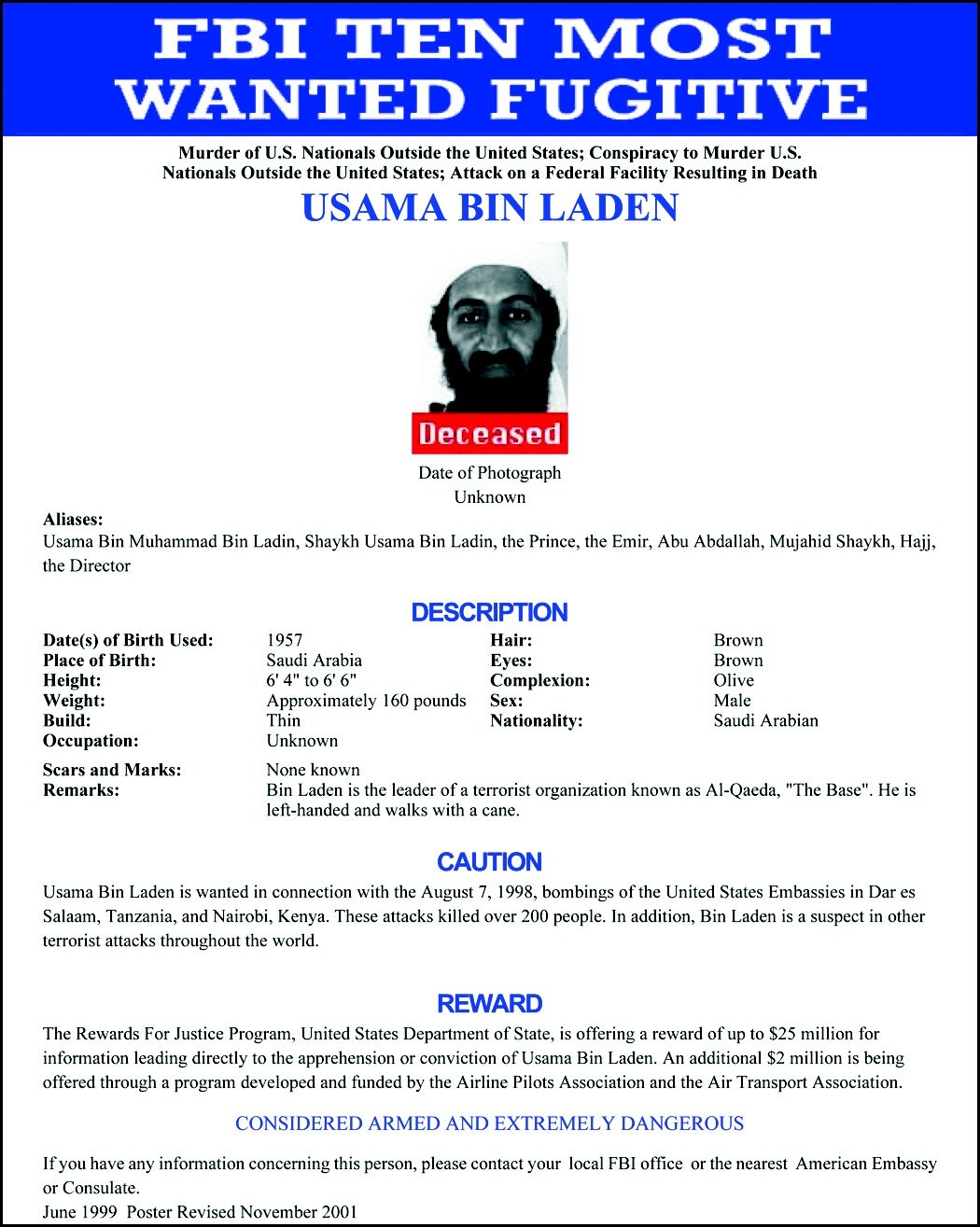 Ten Most Wanted Fugitives poster for bin Laden.