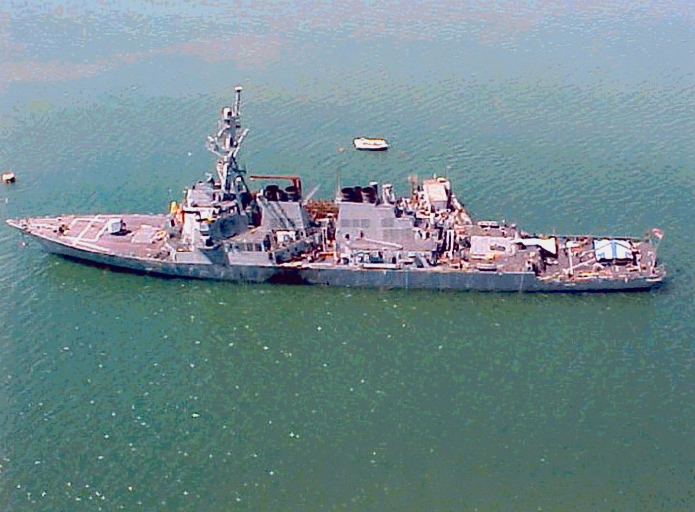 The USS Cole, a Navy guided missile destroyer, following the suicide attack in the port of Aden, Yemen on October 12, 2000.