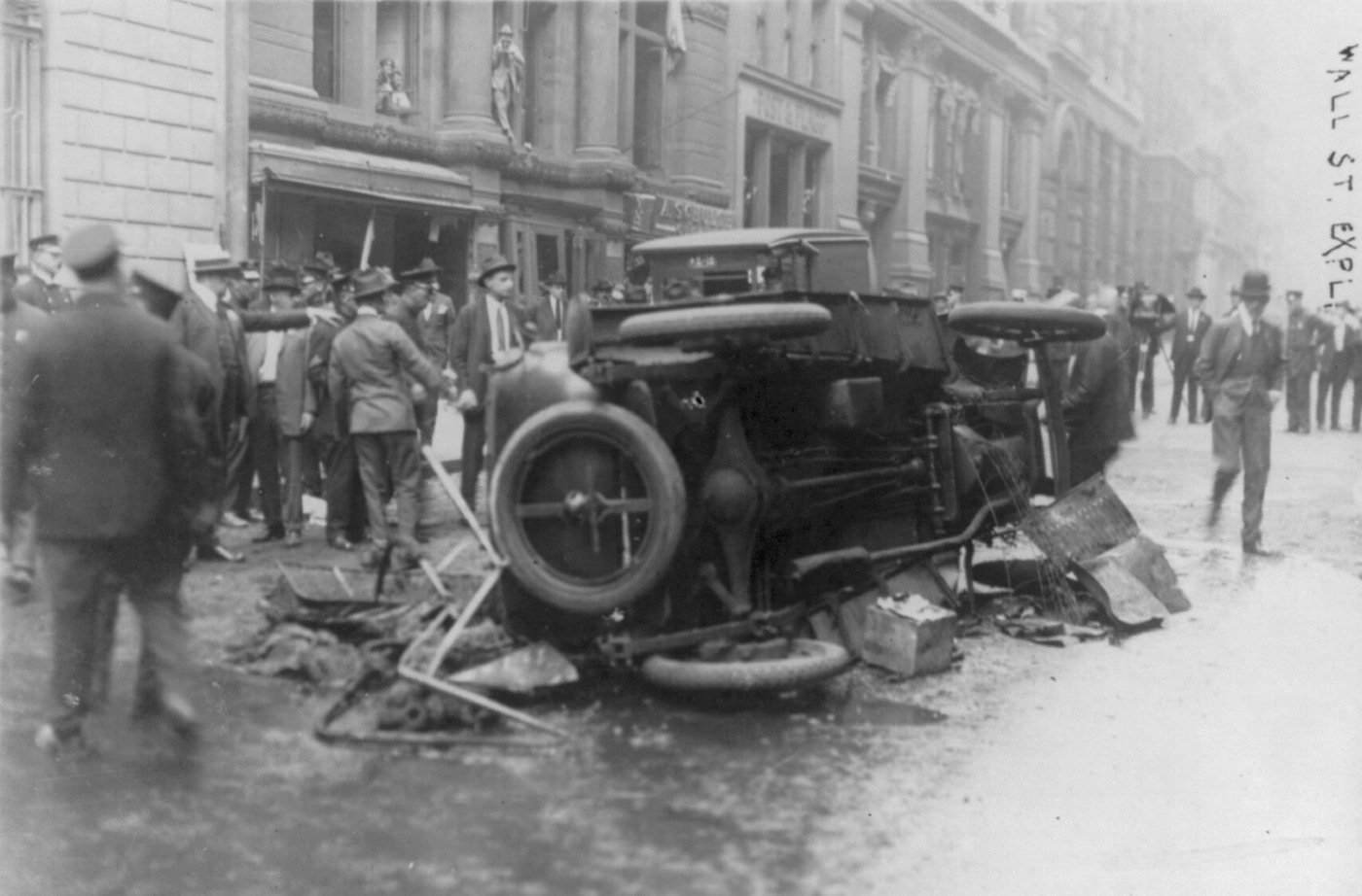 Aftermath of bombing at Wall Street financial district in New York on September 16, 1920, killing over 30 people and injuring some 300. Library of Congress photo.