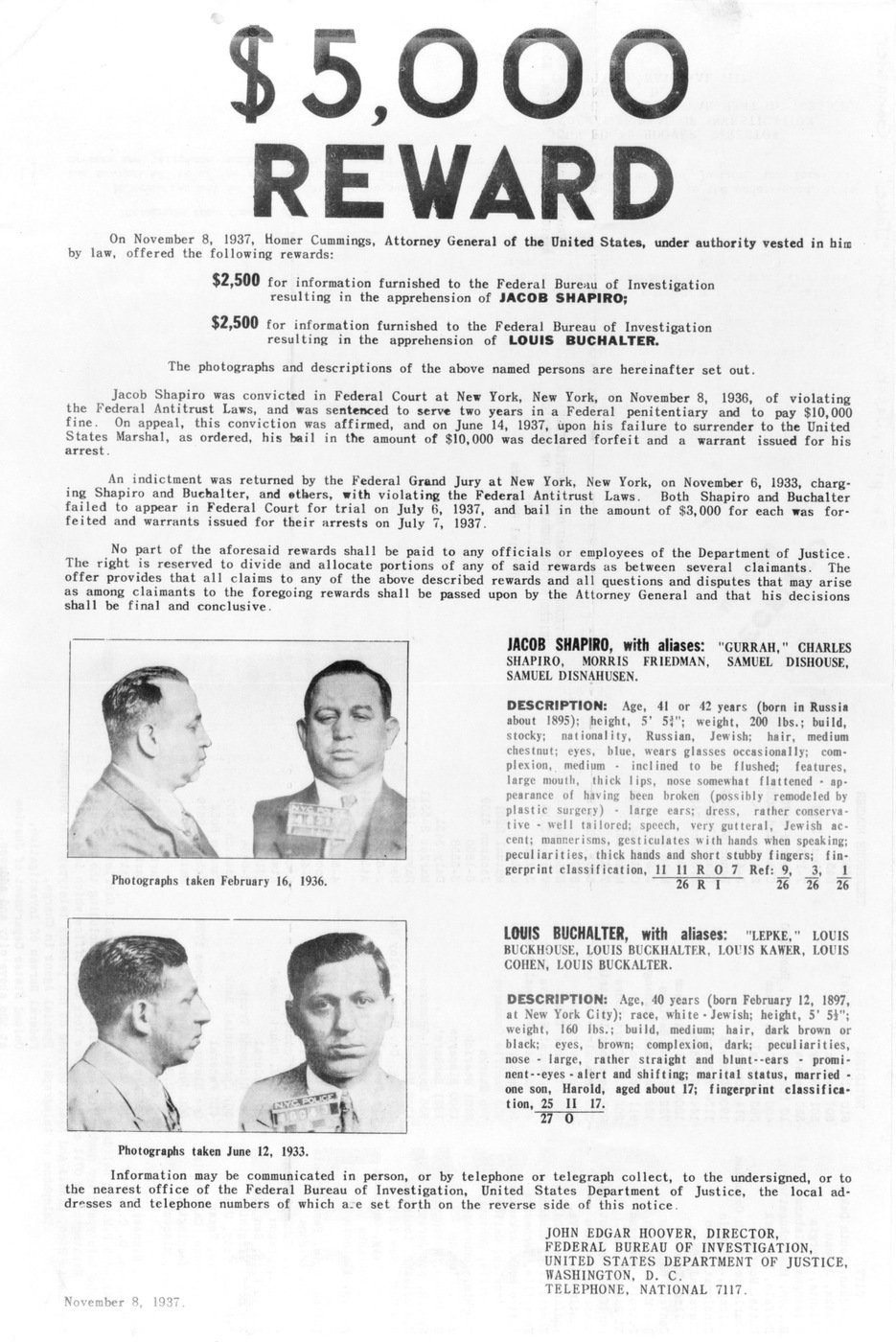 FBI wanted poster for Jacob Shapiro and Louis Buchalter, dated November 8, 1937. Library of Congress image.