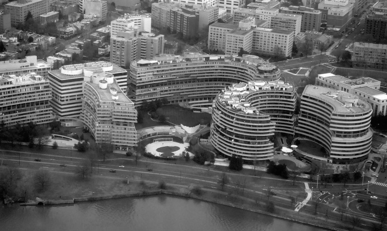Aerial view of the Watergate complex, site of June 17, 1972 burglary of Democratic National Committee Headquarters that became synonymous with the President Nixon cover up and eventual resignation. The break-ins occurred in the office building in the center.