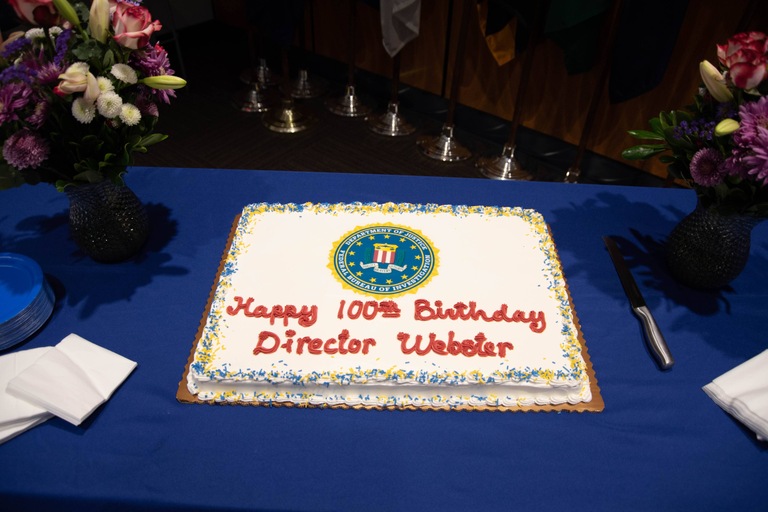 Cake celebrating William Webster's 100th birthday at FBI Headquarters.