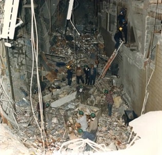 Investigators going through the rubble following the bombing of the World Trade Center on February 26, 1993. 