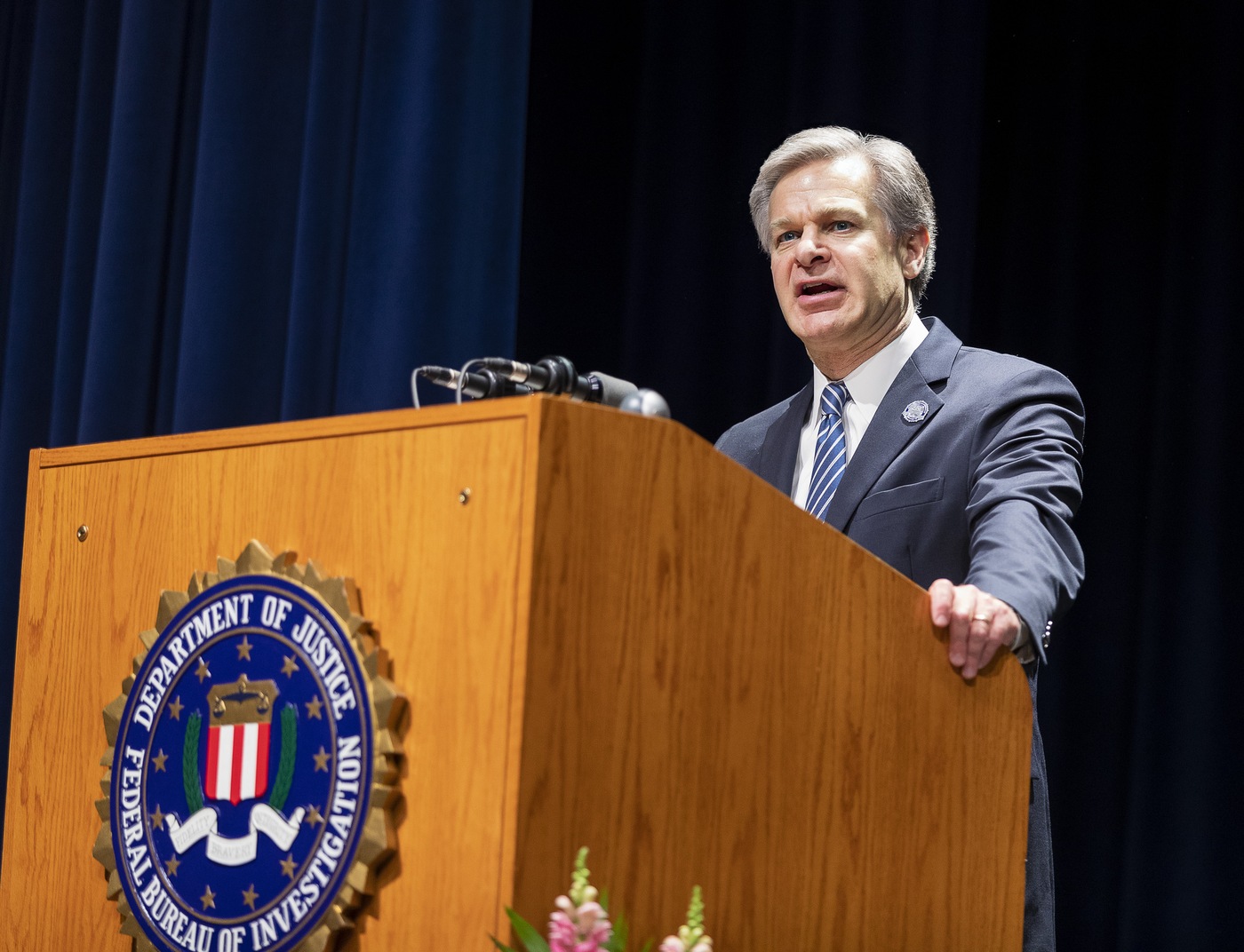 FBI Director Christopher Wray spoke at an event celebrating the 50th anniversary of the FBI's modern training facilities at Quantico. 