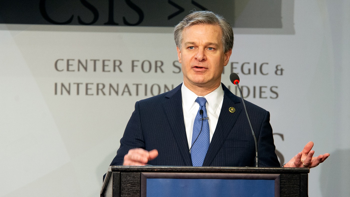 FBI Director Christopher Wray addresses the economic espionage threat posed by China at the Department of Justice China Initiative Conference held February 6, 2020 at the Center for Strategic and International Studies in Washington, D.C.