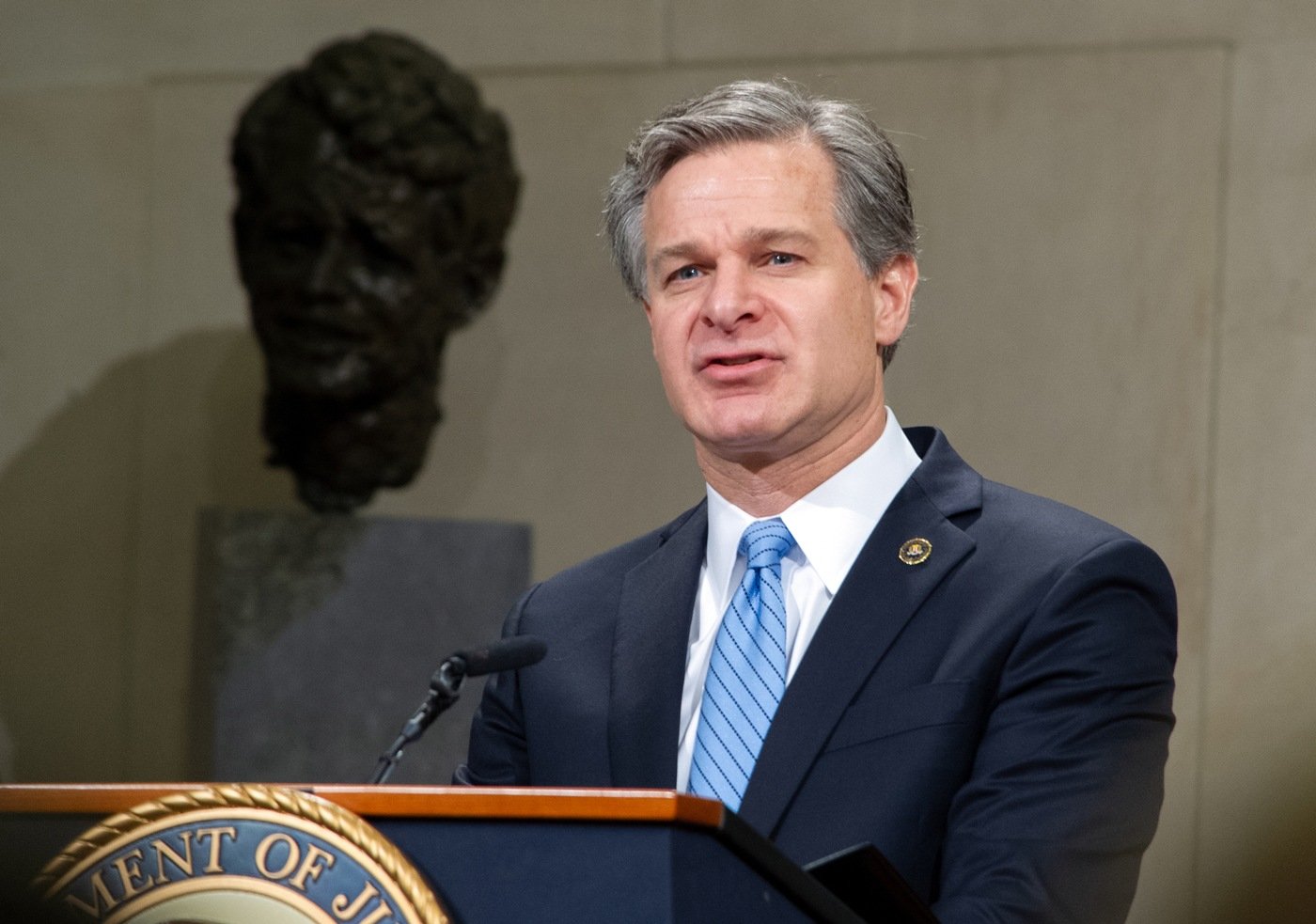 FBI Director Christopher Wray speaks during a summit on Lawful Access held October 4, 2019 at the Department of Justice in Washington, D.C.