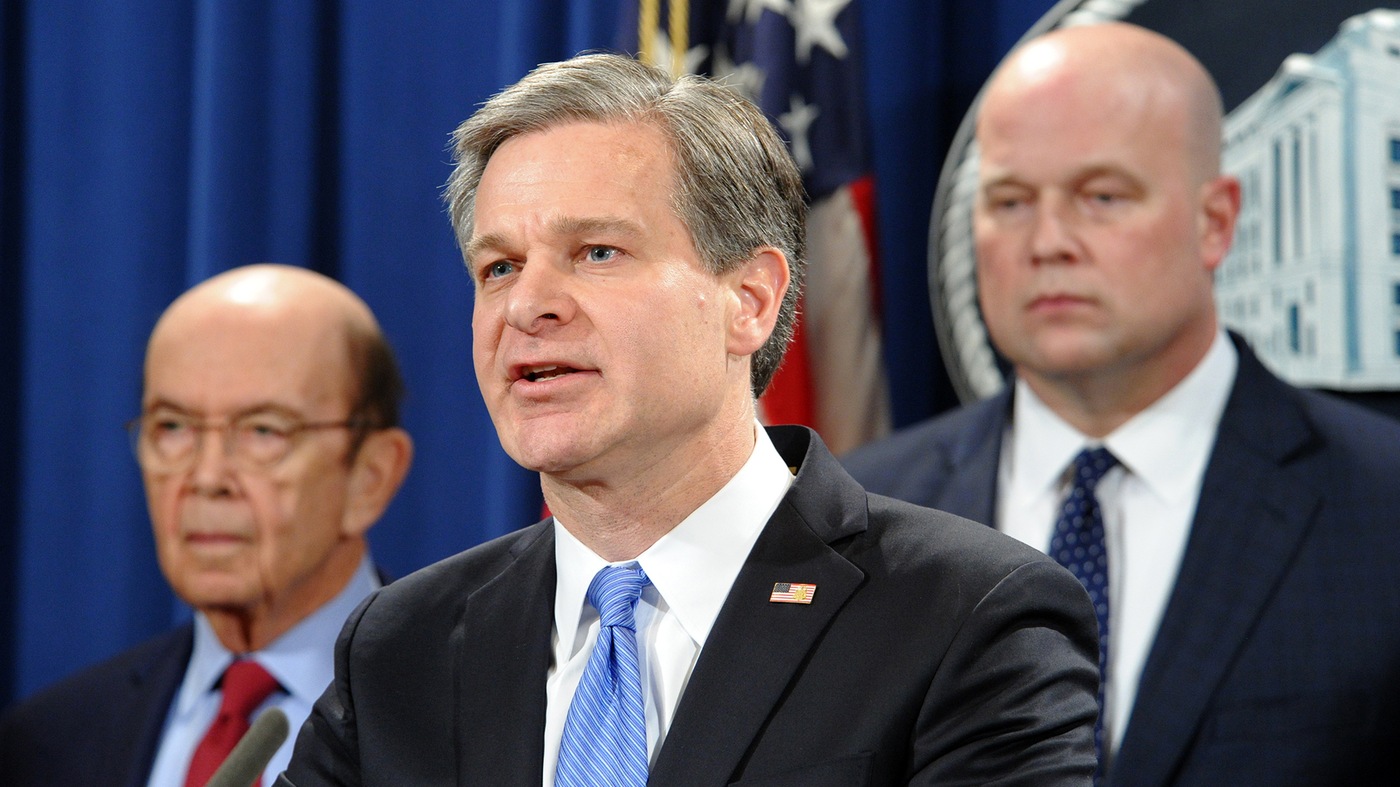 Director Wray speaks at a January 28, 2019 Department of Justice press conference announcing charges against Chinese telecommunications conglomerate Huawei.