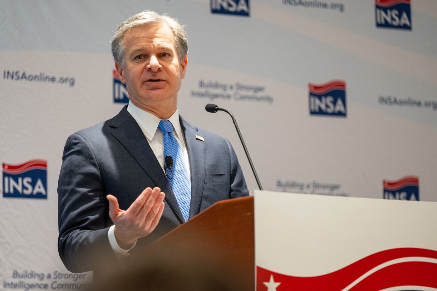 Director Wray speaks at INSA summit in McLean, Virginia, on February 29, 2024.