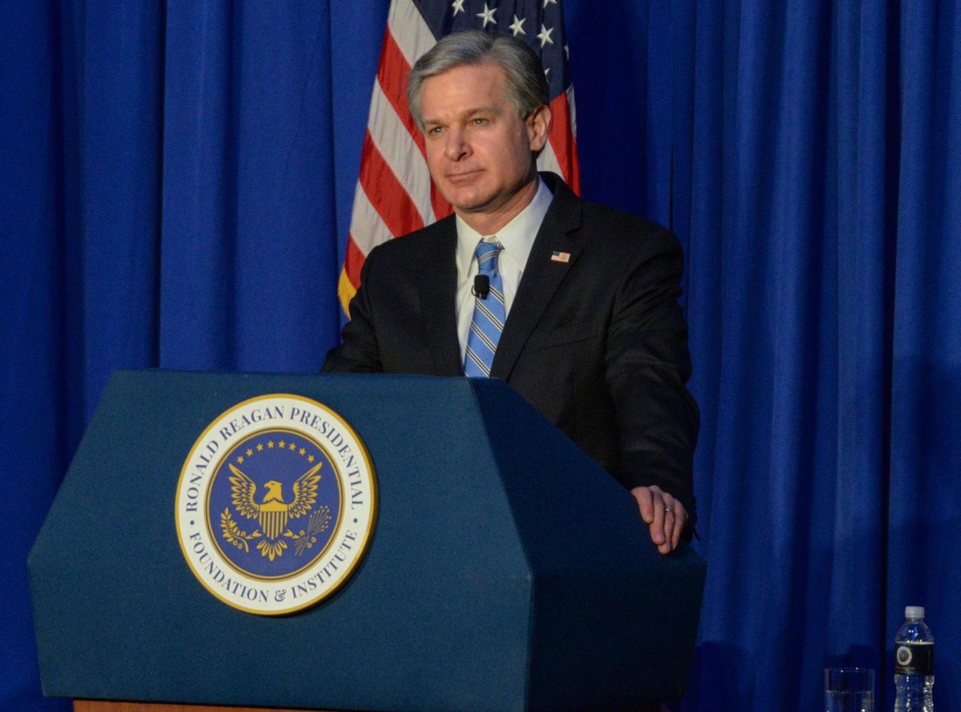Director Wray speaks about the threat posed by China to the United States at the Ronald Reagan Presidential Library and Museum in Simi Valley, California, on January 31, 2022. (Photo courtesy of the Ronald Reagan Presidential Library and Museum)