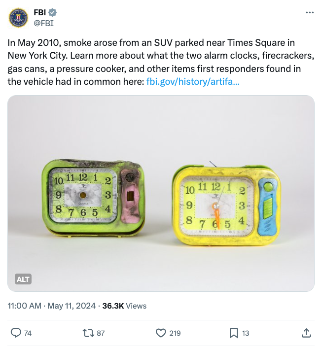Post on Social Media Site X showing two small clocks form 2010 Times Square bombing attempt.