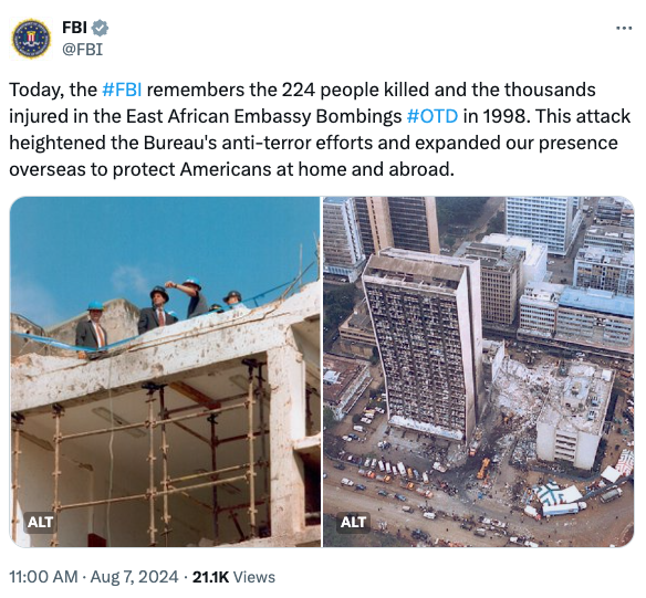 X Post on anniversary of 1998 bombings in Africa. 