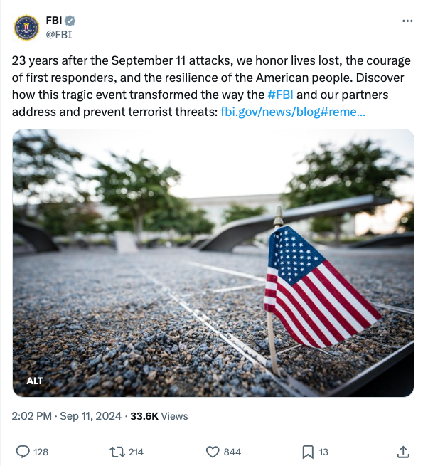 FBI post on social media platform X on Sept. 11, 2024.